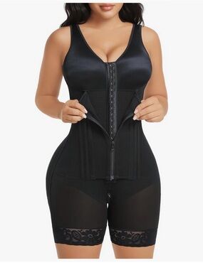 Black Sculpting Front-Zip Bodysuit Shapewear with Lace Thigh Bands